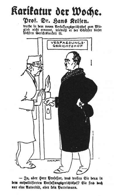 Prof. Dr. Hans Kelsen vor dem VfGH (Karikatur aus: Der Morgen. Wiener Montagblatt, 10.02.1930) 