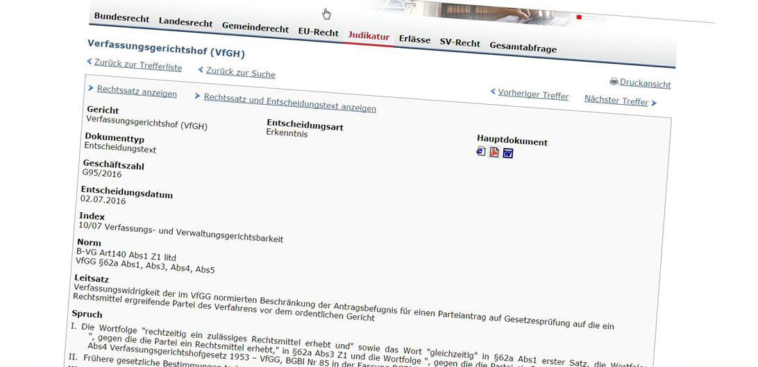 Ein Erkenntnis des VfGH in der RIS-Datenbank des Bundes